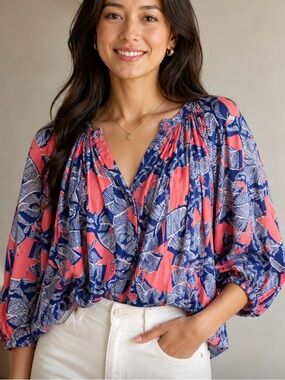 Tucker Silk Pink Blue Bow Print Blouse 3/4 Sleeve Size [L]
